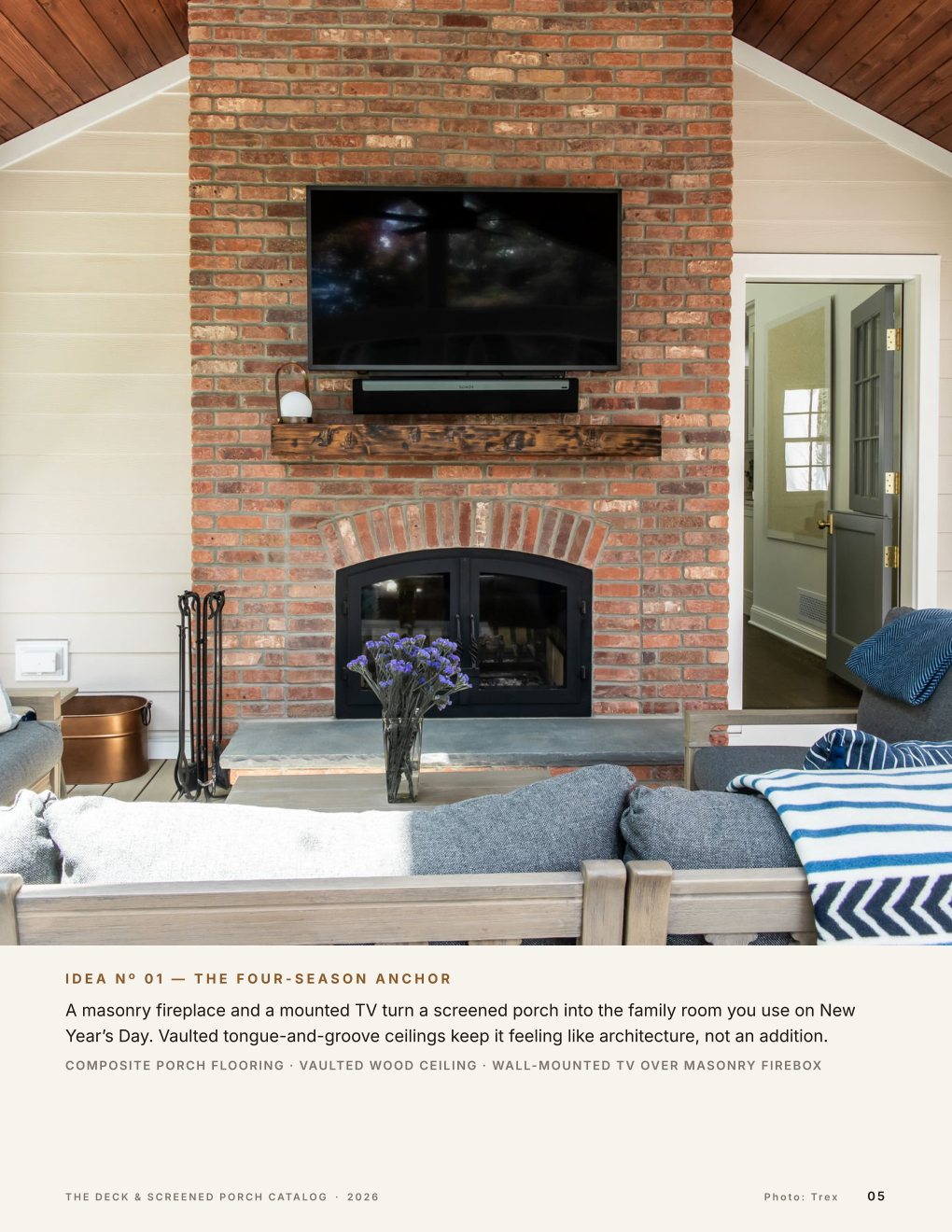 Screened porch idea page with masonry fireplace